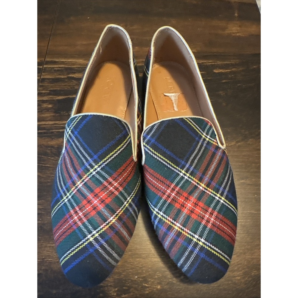 J.Crew Factory Womens Holiday Tartan Plaid Print Smoking Loafers Gold Trim S-7.5